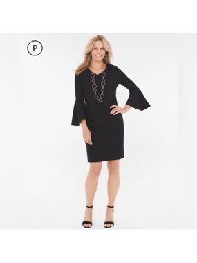 Chico’s Plus Black Ponte Flare-Sleeve Dress Sz 20 V Neck Bell Long Sleeve